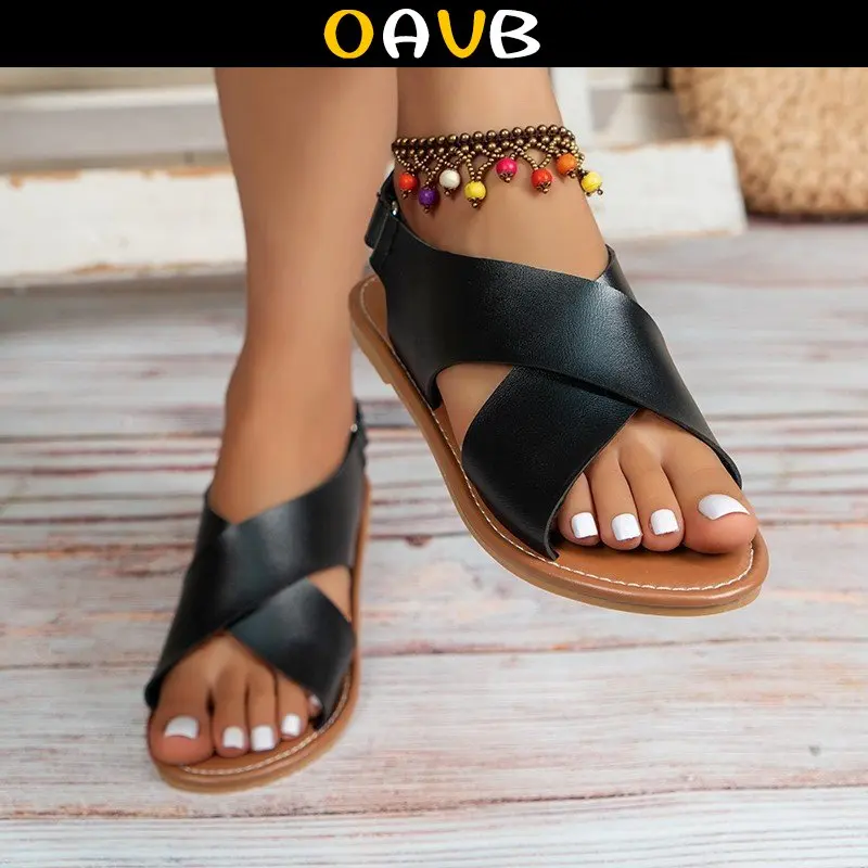 

OAVB Women Shoes Flat Peep Toe Women Sandals Solid Color Female Slippers Beach Holiday Women's Sandal 2023 New Shoes Summer