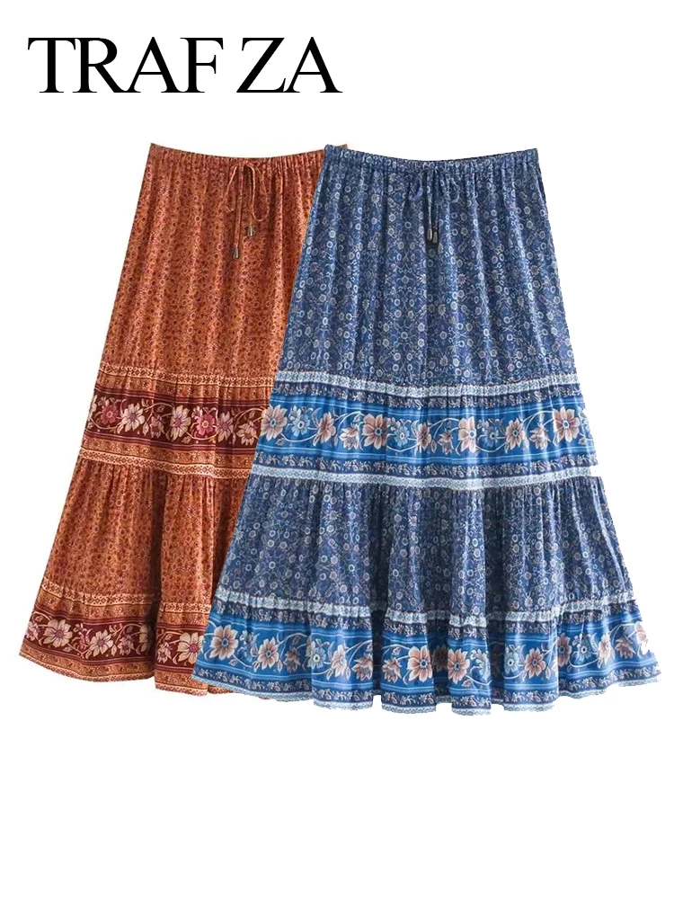 

Юбка-миди Летняя женская с поясом на резинке и принтом