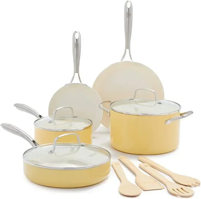 

Artisan Healthy Cooking Non-Stick Ceramic Dishwasher and Oven Safe 12-Piece Pots and Pans Cookware Set, Yellow