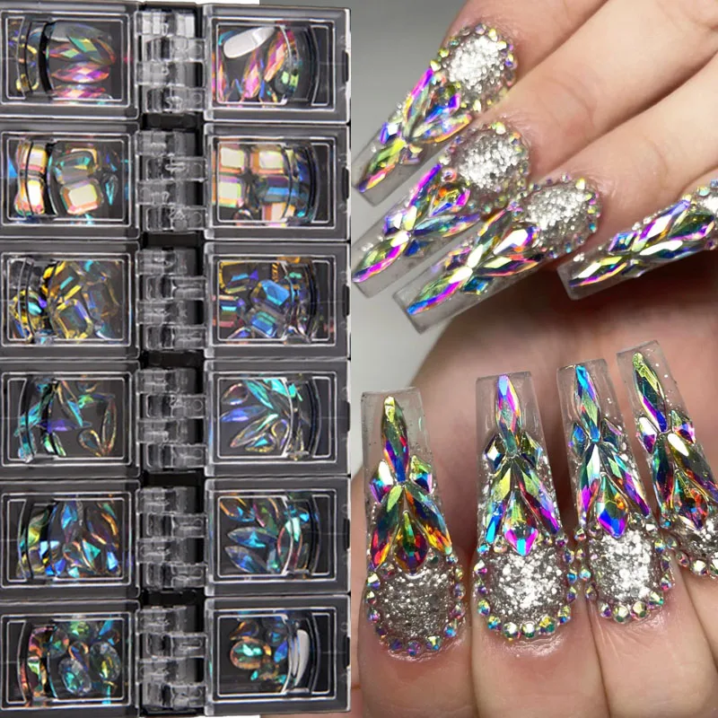 

12 ячеек, кристаллы, блеск, 3D Стразы для ногтей, разные размеры AB, с плоской задней стороной, алмазные украшения для ногтевого дизайна, самодел...