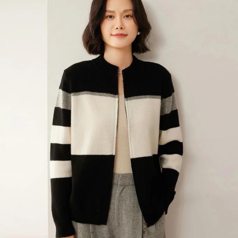 Трехцветный кашемировый свитер женский трикотаж шерстяной кардиган с круглым