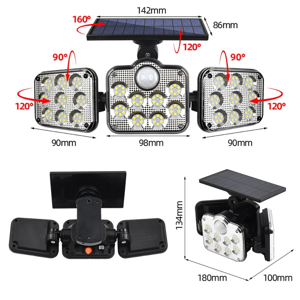 Фото Солнечный свет, уличный детектор, 138-SMD, светодиодный 3-головочный вращающийся солнечный уличный светильник, IP65, водонепроницаемый беспроводной уличный садовый настенный светильник №3