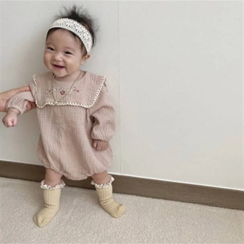 2022 New Baby Long Sleeve Bodysuit Cotton Newborn Navy Collar Flower Embroidery Jumpsuit Autumn Toddler Infant Girl Clothes