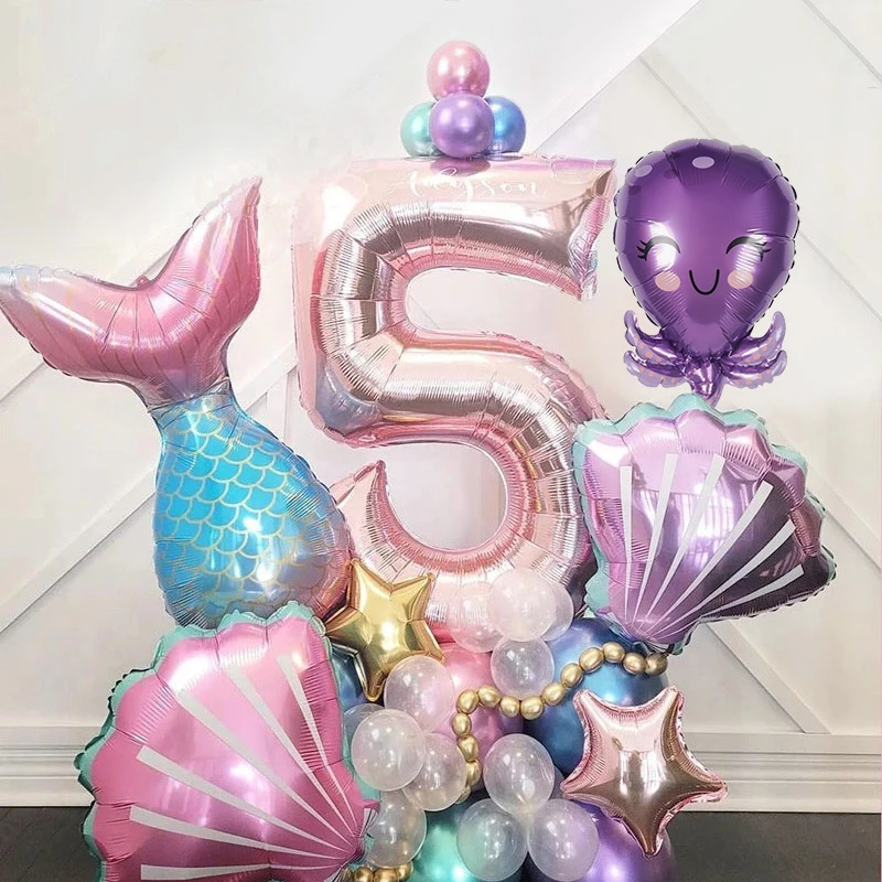 33pcs/lot Mermaid party balloons 1 2 3 4 5 6 7 8 9 years old kids birthday baloons mermaid party toys baby shower girl favors