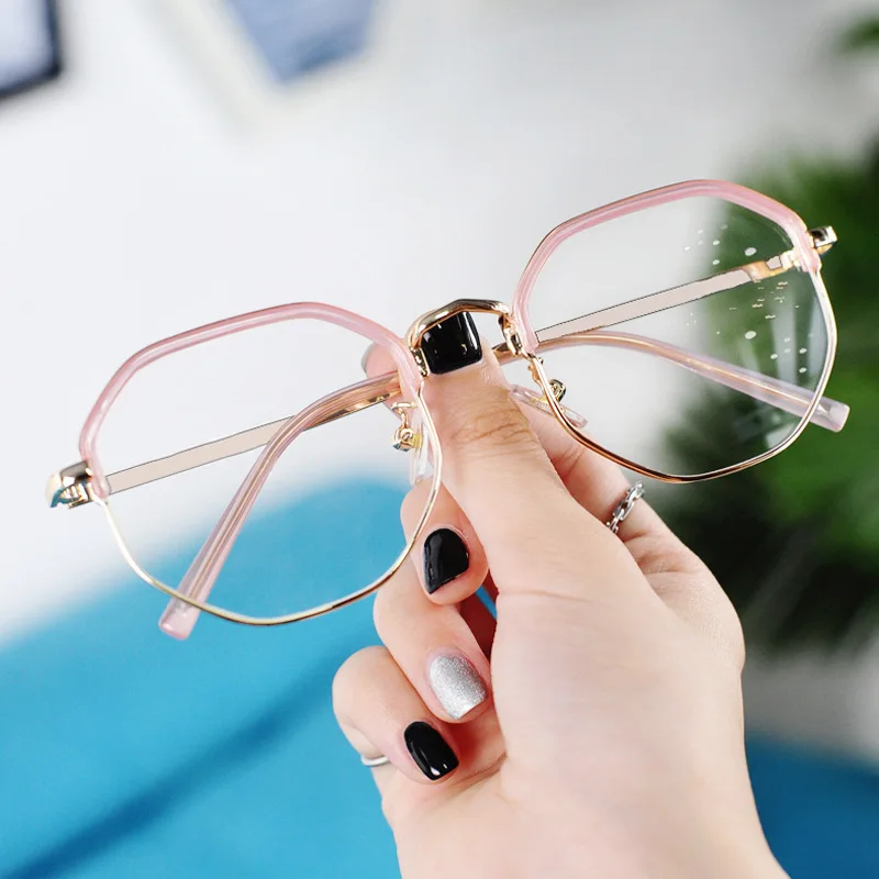 

New Polygon Anti-Blu-ray Myopia Glasses Women's Retro Artistic Face Slimming Metal Frame with Degrees Plain Glasses