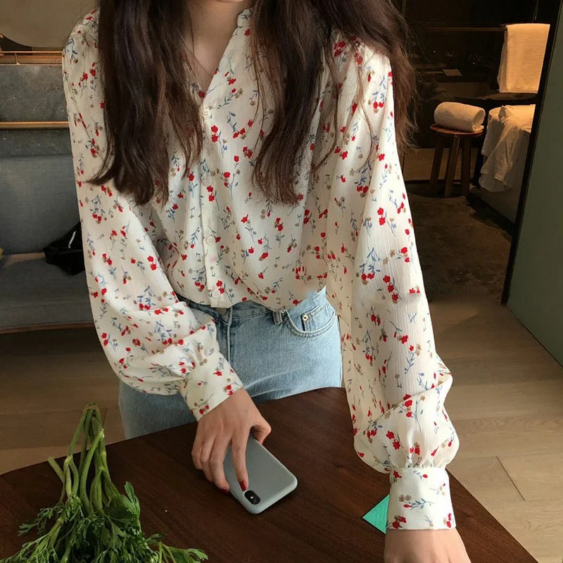 

Женская полупрозрачная шифоновая блузка с рукавами-фонариками, Цветочная рубашка, Корейская одежда в стиле бохо, винтажная Милая модель 2023 года, Женский Топ