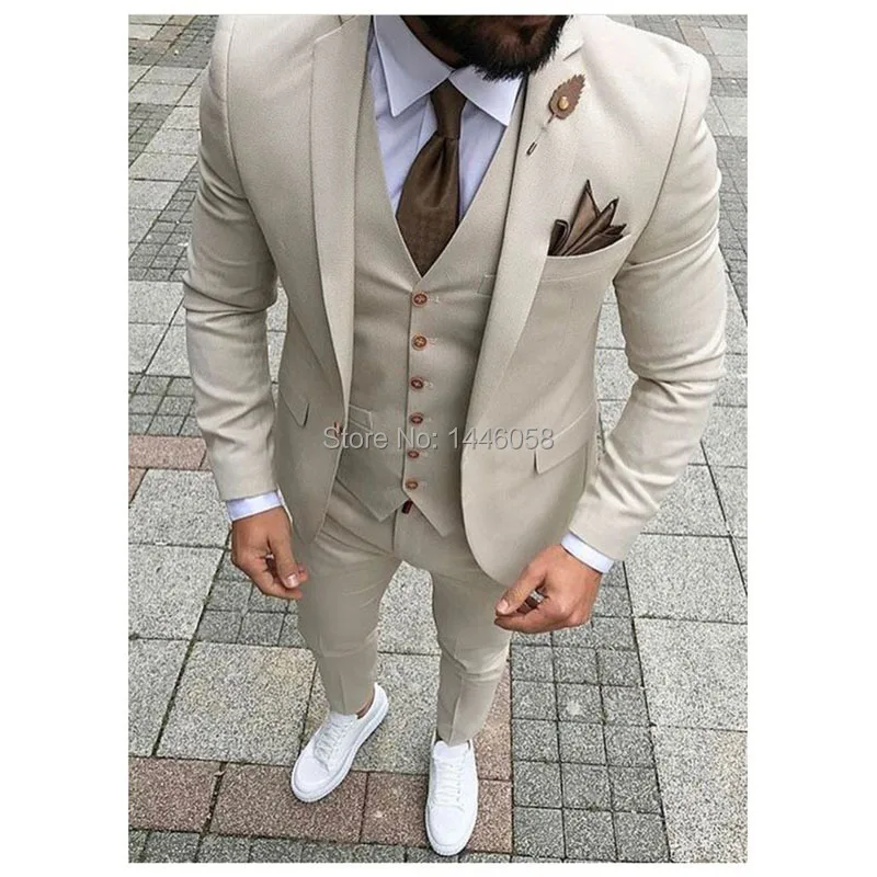 

Latest Coat Pant Designs Beige Men Suit Prom Tuxedo Slim Fit 3 Piece Groom Wedding Suits For Men Custom Blazer Terno Masuclino