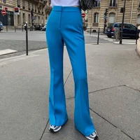 2022 summer new european and american style women trousers high waist slim slim commuter all match blue casual pants boutique