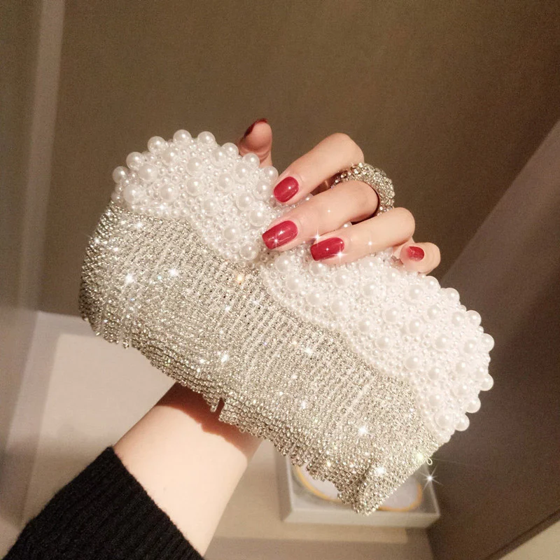 

2023 New White Pearl Ring Clutch Bags Women Rhinone Tassel Clutches Purse Wedding handbag Luxury Evening Party Bags B516