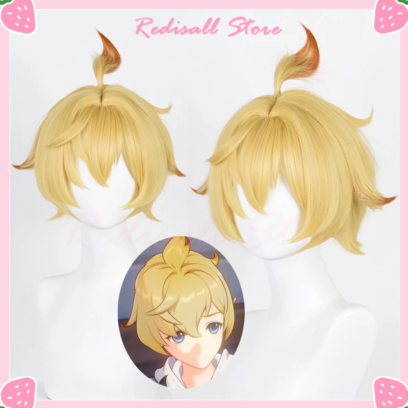 

Genshin Impact Mika Cosplay Wig Blonde Short Little Ponytail Golden Heat Resistant Hair 2022 Game Role Play Adult Wig Cap