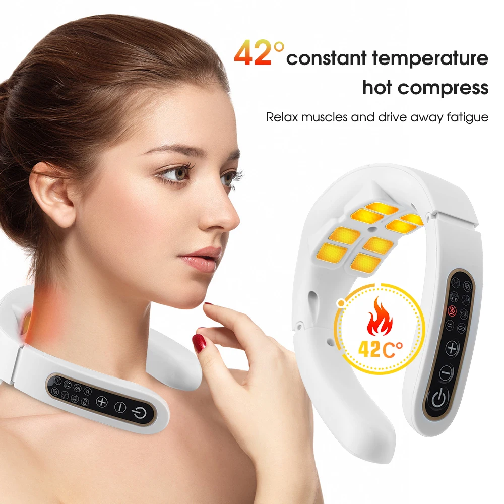 

Electric Neck Massager 6 Modes 8 Electrode Pads Electromagnetic Pulse Cervical Massage Hot Compress Pain Relief Back Massager