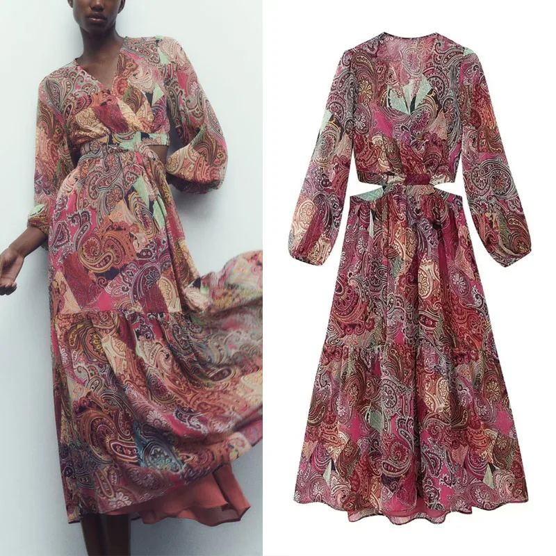 

Платье-миди женское с принтом пейсли и V-образным вырезом