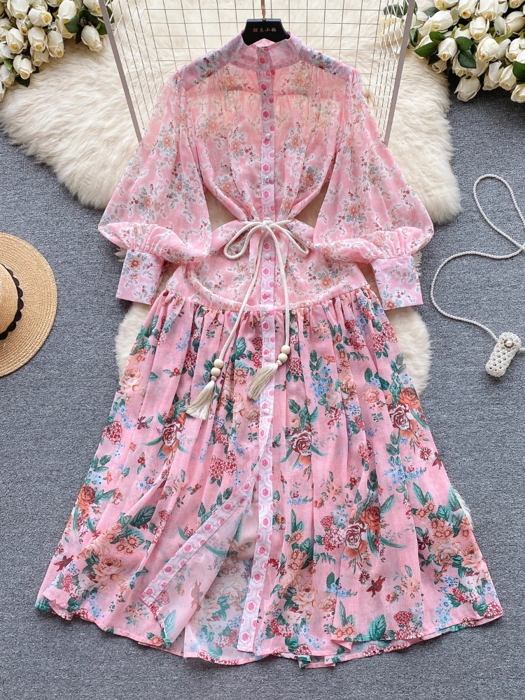 Женское винтажное длинное платье элегантное шифоновое на пуговицах с