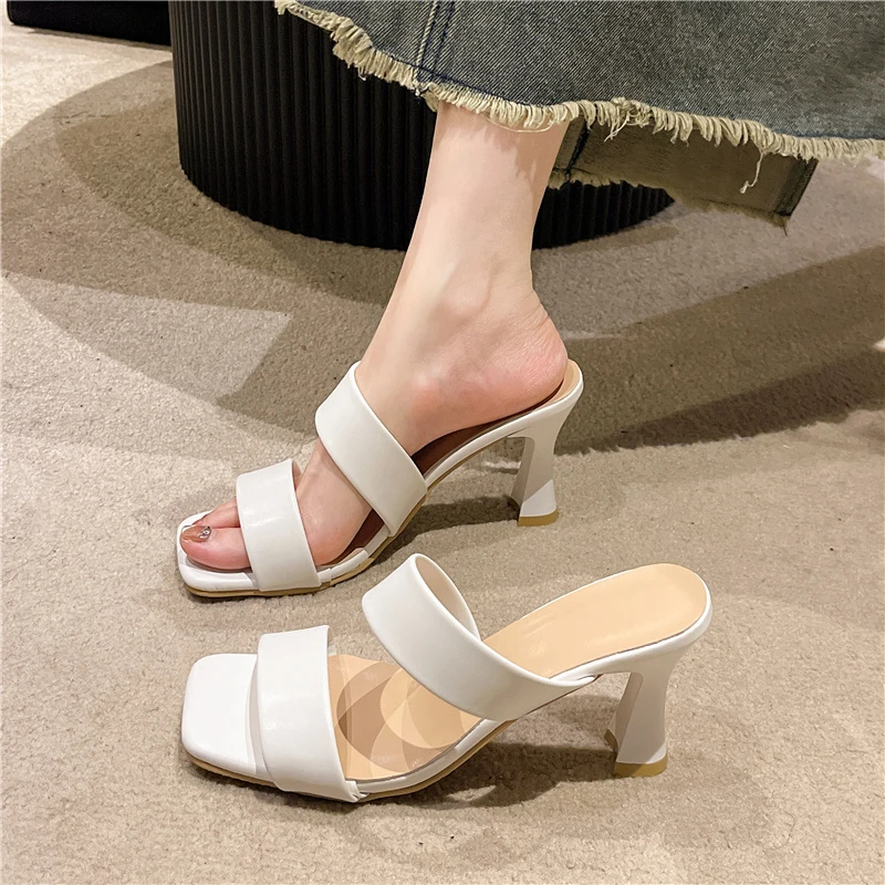2023Summer New Shoes for Women Modern Women's Slippers Peep Toe Square Toe Ladies High Heels Solid Heeled Sandals Female Zapatos
