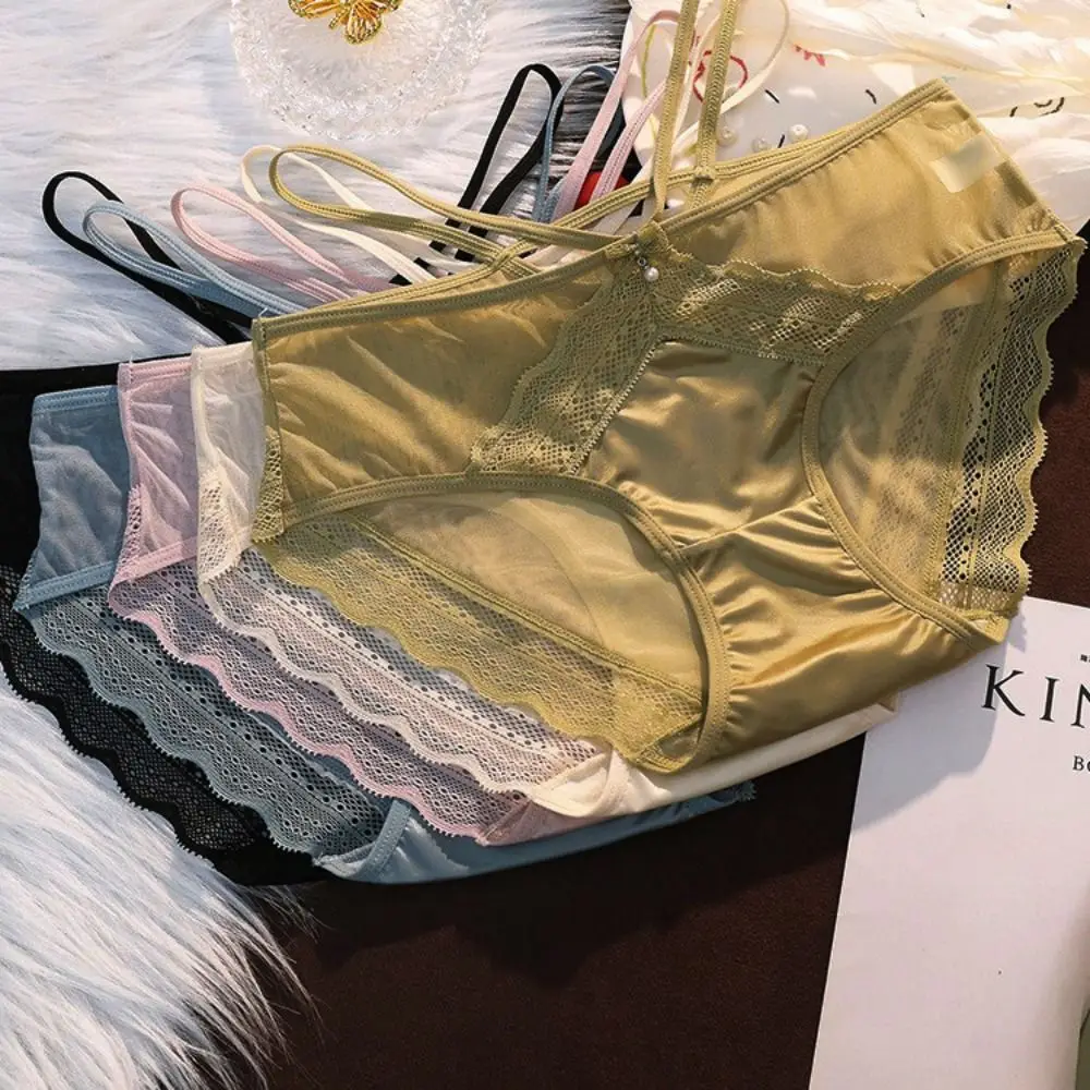 

Breathable For Girls Mesh Mid-waist Lingeries Bandage Women Lace Panties Ice Silk Korean Underwear Sweet Briefs