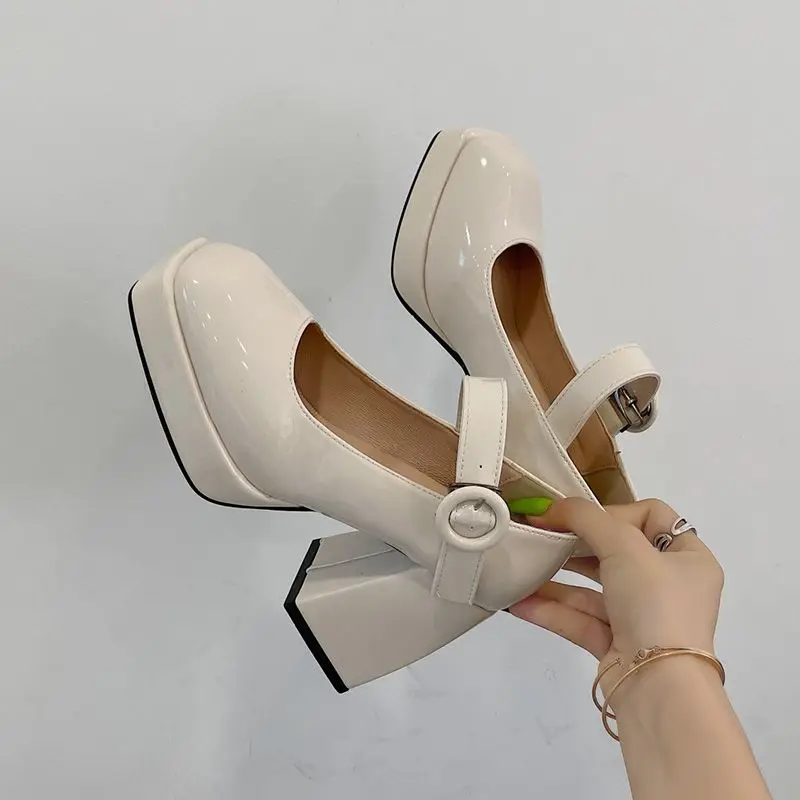 

beige Punk Chunky Designer Platform Mary Janes Heels Shoes Women Patent Leather Square Toe Buckle Goth High Heels Women Pumps