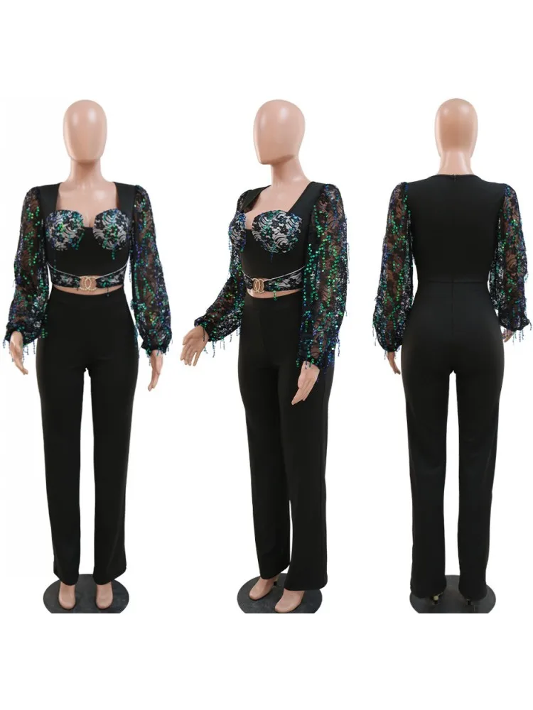 Znaiml Sparkle Sequin Black Mesh Lantern Long Sleeve Wide Leg Jumpsuits Women Rompers Glitter Birthday Nightclub Outfit Overalls