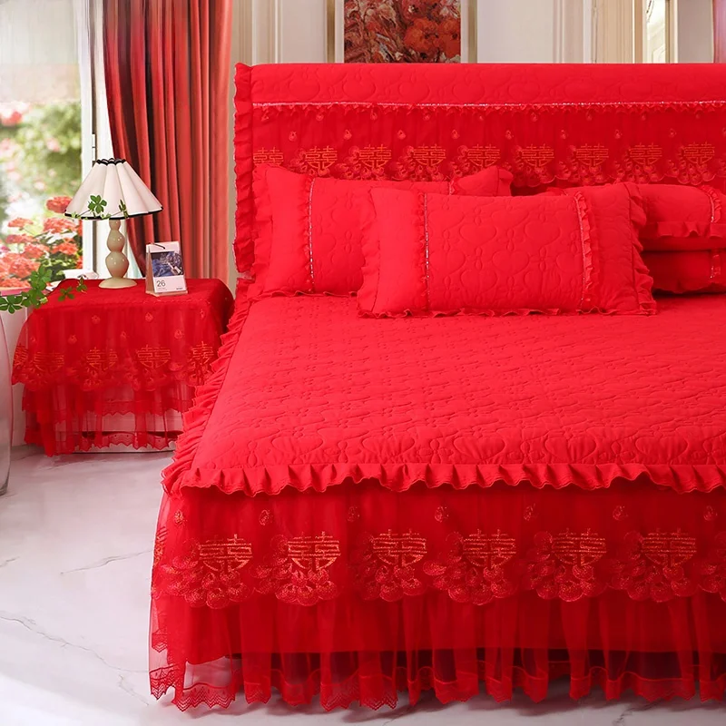 Корейская принцесса утолщенная стеганая кружевная юбка-кровать большой красный
