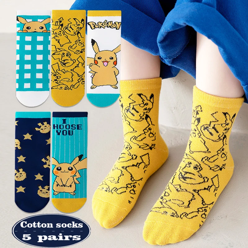 5 Pairs Baby Boys Winter Socks Cartoon Pokemon Kids Spring Autumn Cotton Breathable Keep Warm Floor Anti-skid Boys Socks 1-12Y