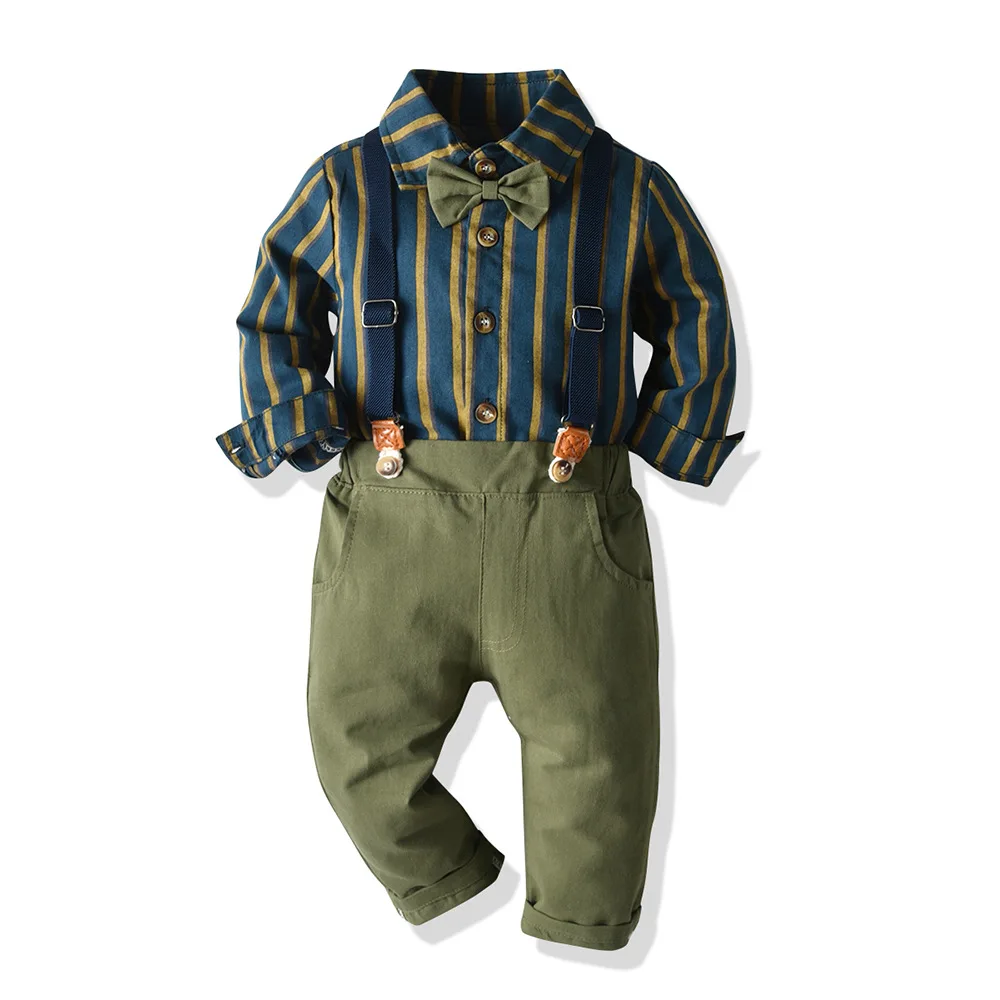 

Autumn Boys Clothing Set Long Sleeve Striped Bowtie Shirt Tops+Suspender Trousers Baby Kid Formal Gentleman Suit