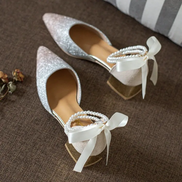 

Comfort Flat Satin Women Shoes Pointed Toe Ankle Strap Pearls Ribbon Formal Prom Evening Wedding Party Dress Flats
