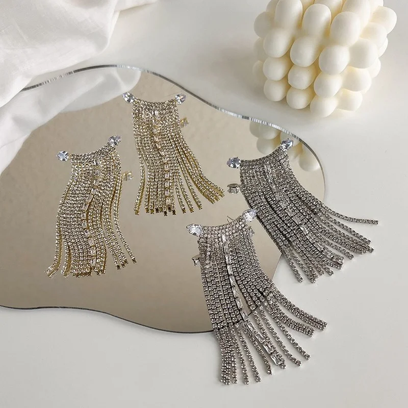 

Minar Luxury Spark Full Rhinestone Long Tassel Clip Earrings for Women Exaggeration Gold Silver Color Metal Statement Earring