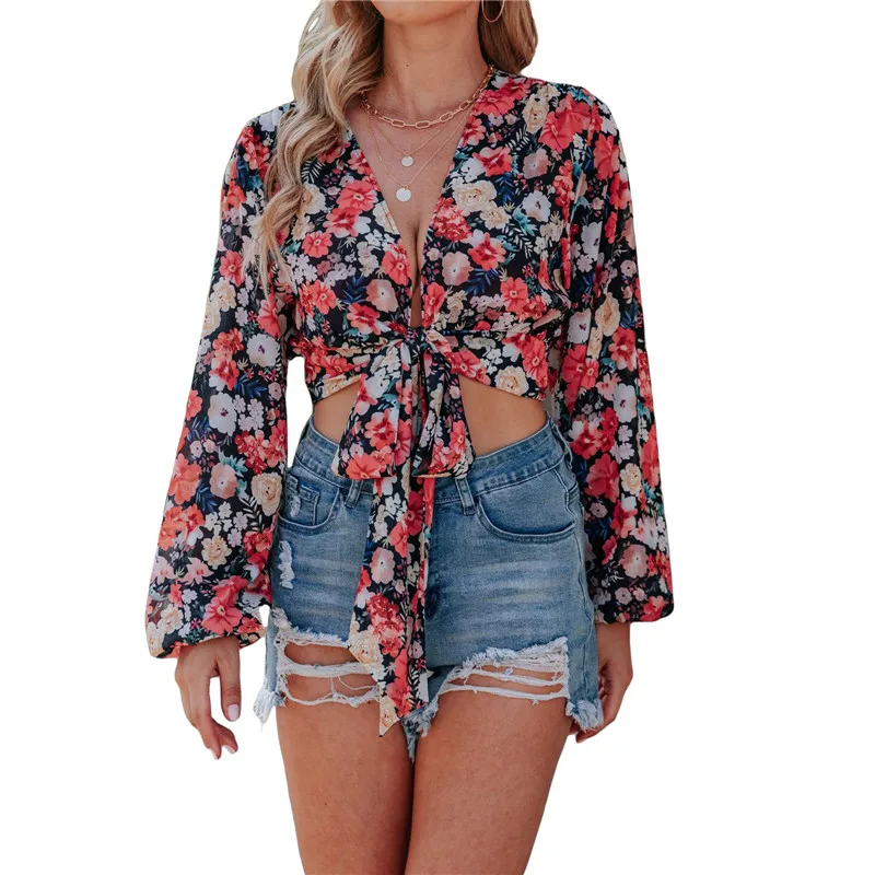 

Women's Long Sleeve Blouse Floral/Geometry/Leopard Printed Bandage V-Neck Pullover Tops Casual Elegant Simple Tops Shirts Spring