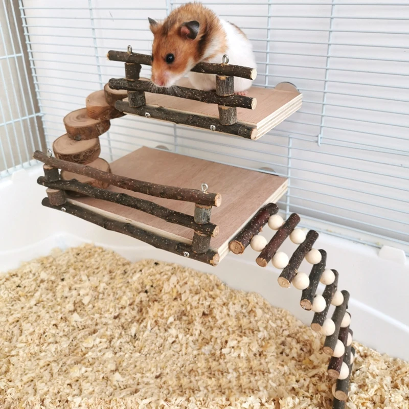 Hamster Wood Playground Activity Platform with Wooden Ladder Stairs Chew Toy Natural Hideout for Rat Gerbil Small Animal |