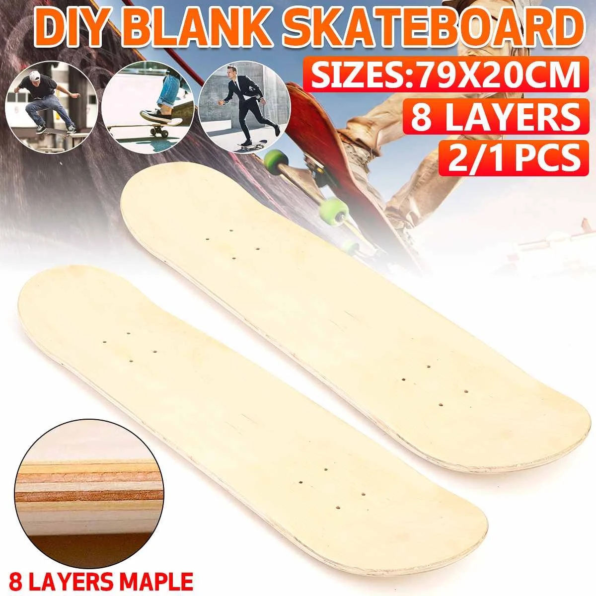 

8inch 8-Layer Maple DIY Blank Double Warped Concave Deck Natural Wood Skate Deck Wood Maple Longboard skateboard High Elasticity