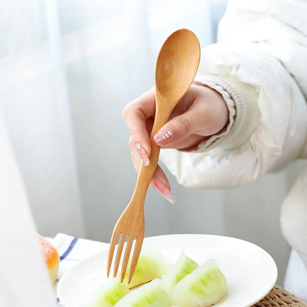 

Portable Double-end Spoon Fork With Long Handle Children Reusable Smooth Edge Beech Wooden Cutlery Set