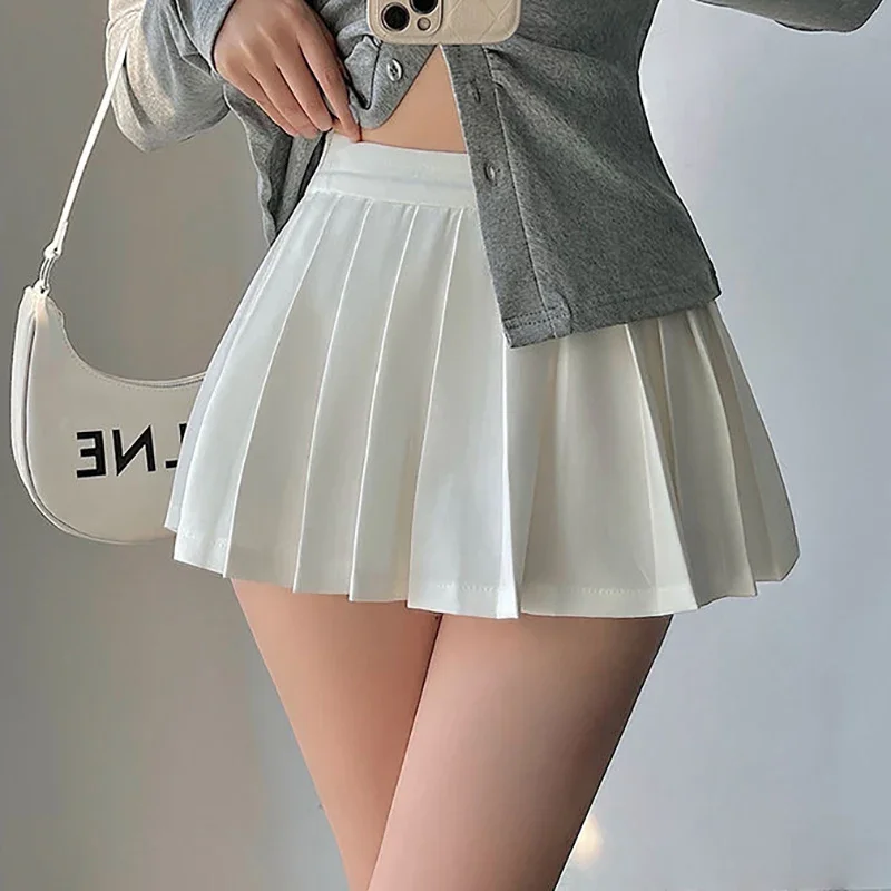 

HOUZHOU Pleated Skirt with Shorts Women Sexy High Waist Irregular White Black A-line Gyaru Tennis extreme Mini Skirt School
