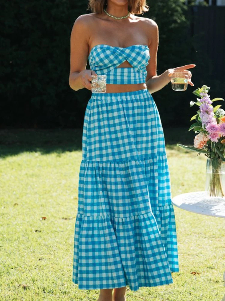 OLOME Plaid Print Off Shoulder Dresses Sexy Cut Out Summer Dress Long  Elegant Vintage Strapless Beach Dress Sleeveless 2022 - купить по выгодной  цене | AliExpress