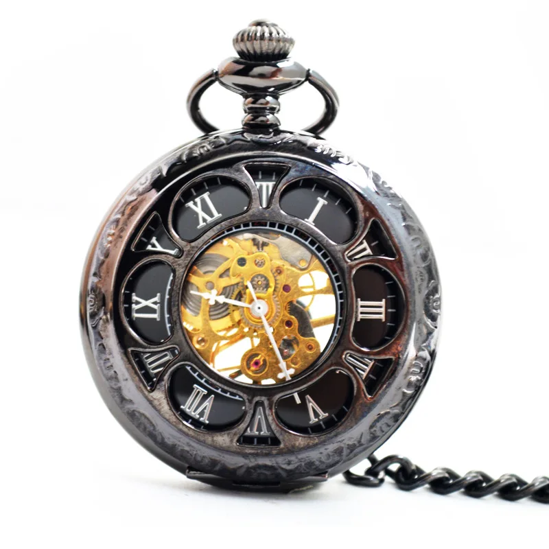 Luxury Mechanical Pocket Watch for Men Women Flower Hollow Skeleton Dial Roman Dial Fob Chain Pendant Clock for Collection Gift