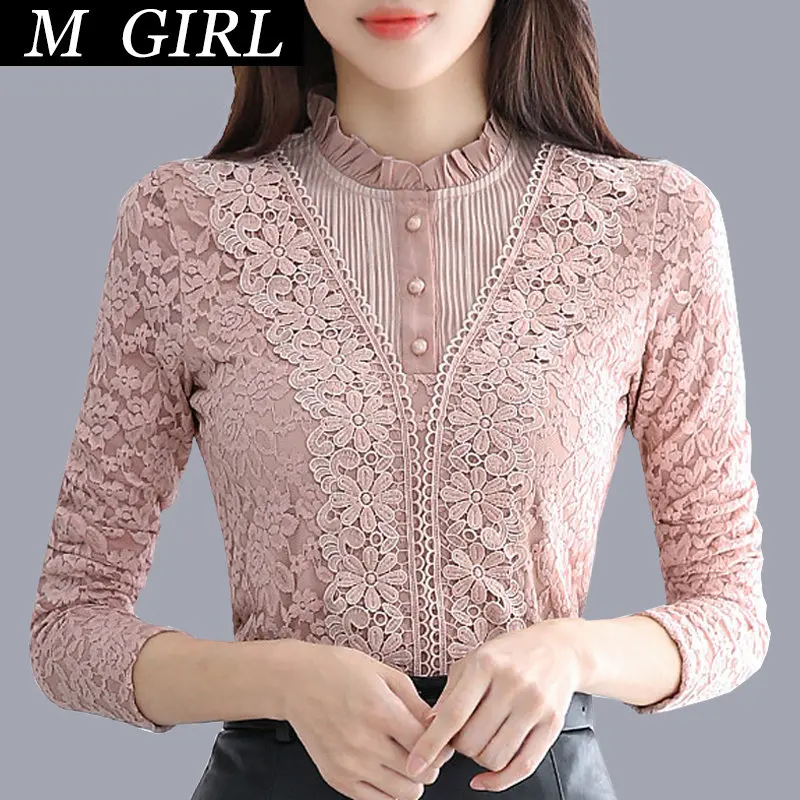 

M GIRLS Velvet Thick Blouses Autumn Winter Long Sleeve Lace Blouse Women Tops Elegant Retro Pullover Shirt Female Blusas