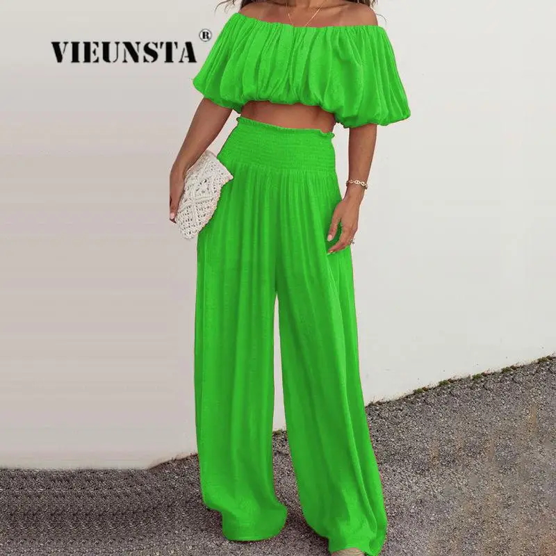 

Sexy Slash Neck Loose Pleat Crop Top + Elastic High Waist Wide-Leg Pants Holiday Suit Summer Fashion Beach 2pc Set Women Outfits