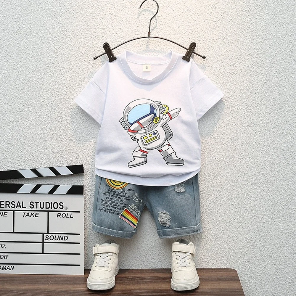 2022 Boys' Clothing Summer Clothes New 1-5 Years Old Cartoon Printed Round Neck T-shirt Casual Jeans Short Sleeved Suit 2PCS