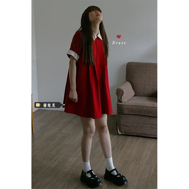 

Korean Chic Preppy Style Sweet Women Dress Vintage Cute Hit Color Patchwork A-Line Dresses Japanese Style Summer Dress