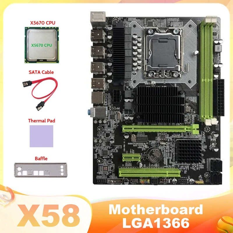 

X58 Motherboard LGA1366 Computer Motherboard Support XEON X5650 X5670 Series CPU With X5670 CPU+SATA Cable+Thermal Pad