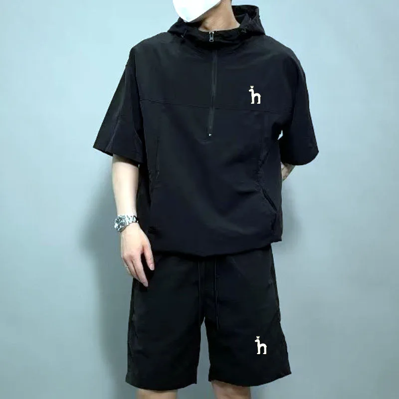 Hazzys Embroidery Logo Men's Sets 2023 New Summer Fashion Casual Men Hooded Top and Pants 2-piece Set Men Luxury Brand T-shirt