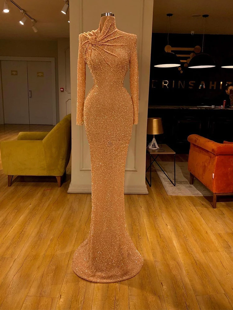 

2022 Elegant Mermaid Prom Dresses High Neck Long Sleeves Sequins Sparkly Formal Party Dress Evening Dress Robe De Soirée