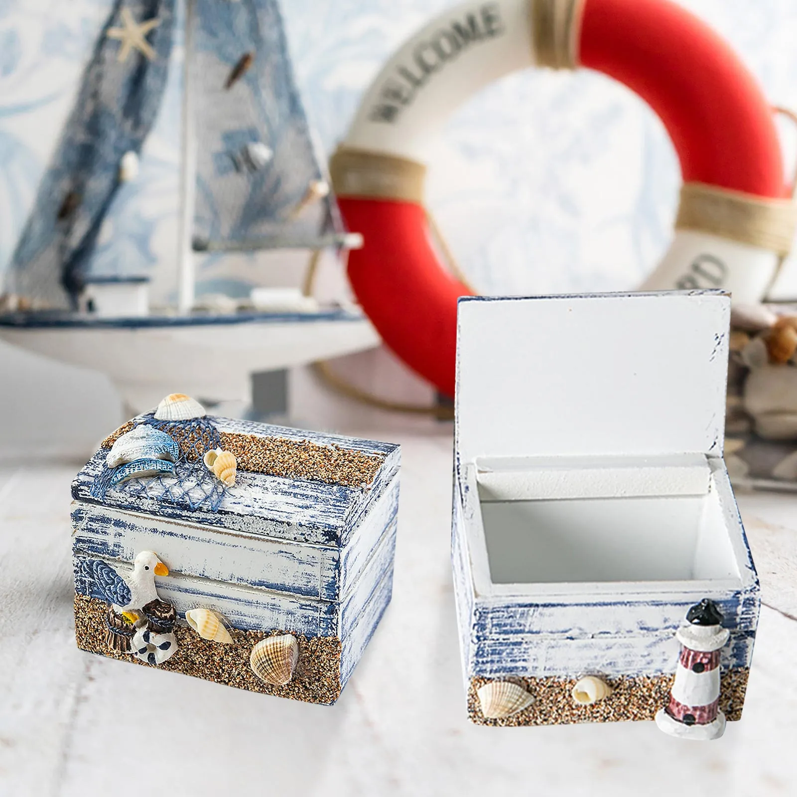 

Mediterranean Ocean Style Decorative Miniature Box Classic Wooden Small Box Creative Jewelry Box Candy Tree Decor Outdoor Gnome