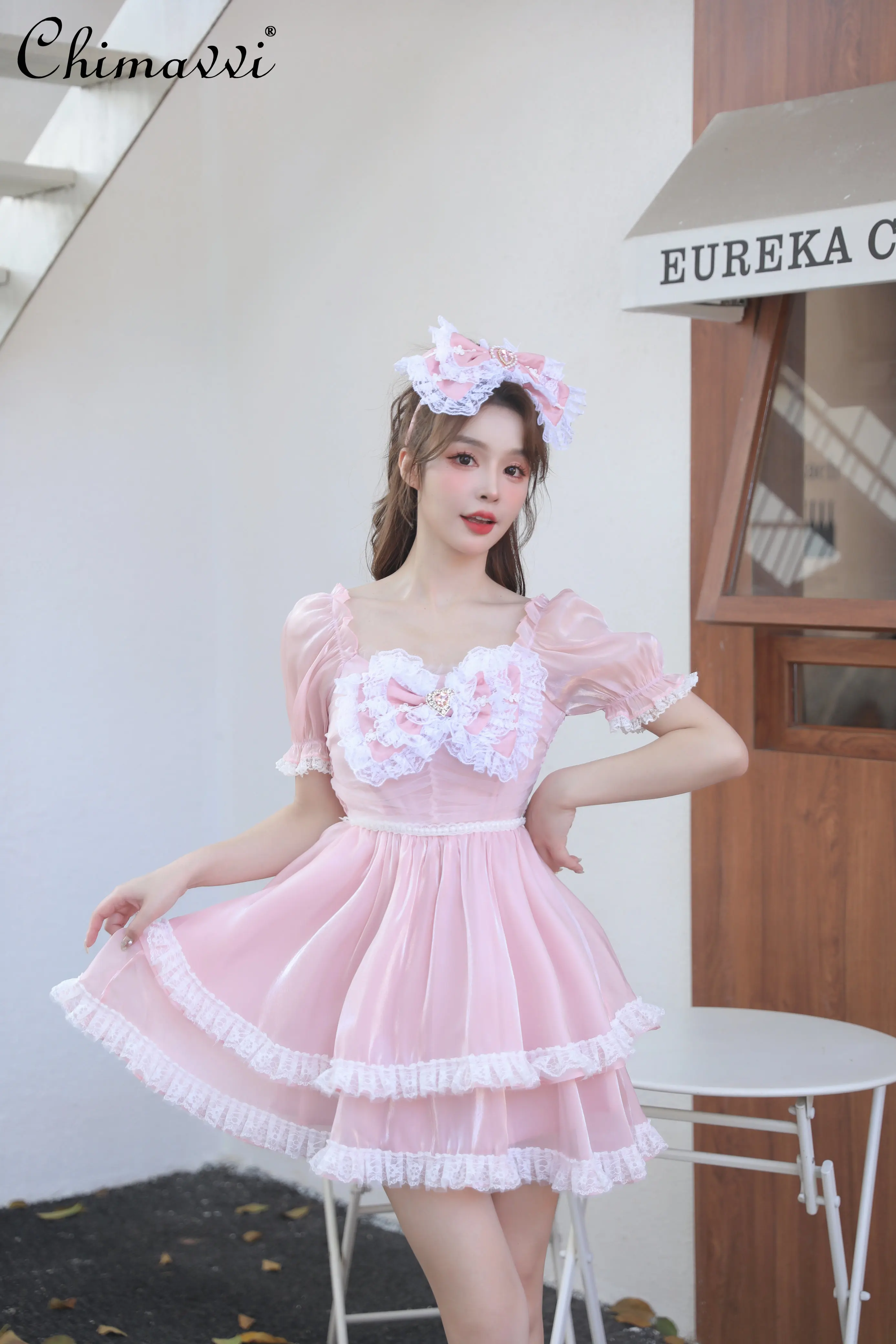 Lolita Princess Bow Love Diamond Cake Dress Fashion Sweet Pearl Lace Puff Sleeve Slim-fit Organza Dress Summer Dress Women