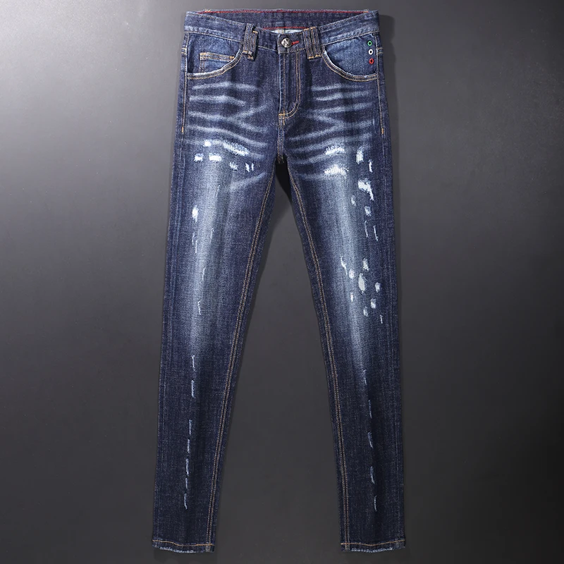 

Fashion Streetwear Men Jeans Retro Dark Blue Elastic Destroyed Slim Ripped Jeans Men Brand Designer Hip Hop Denim Pants Hombre