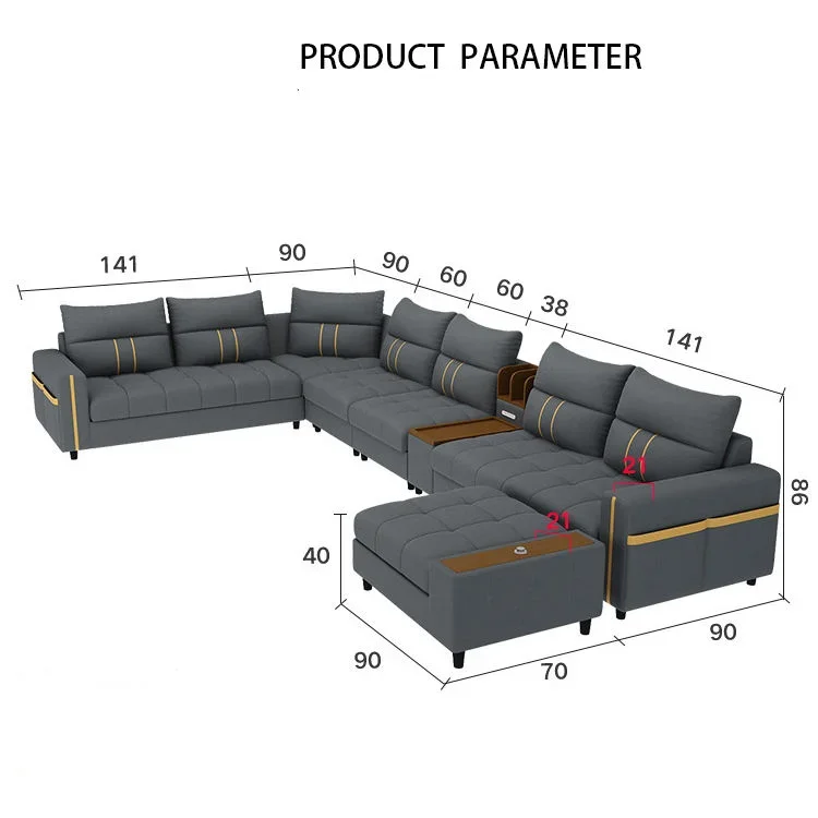 Современная мебель для гостиной в сборе L-образный кожаный диван с USB-портом
