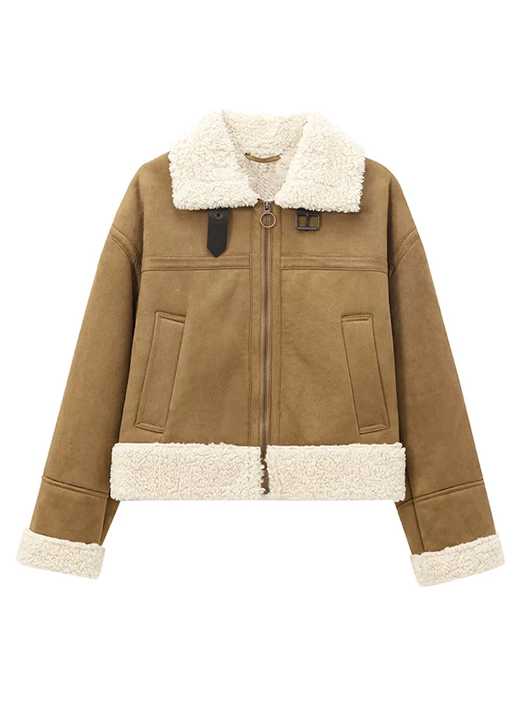 Двусторонняя куртка на молнии замшевое коричневое флисовое короткое пальто