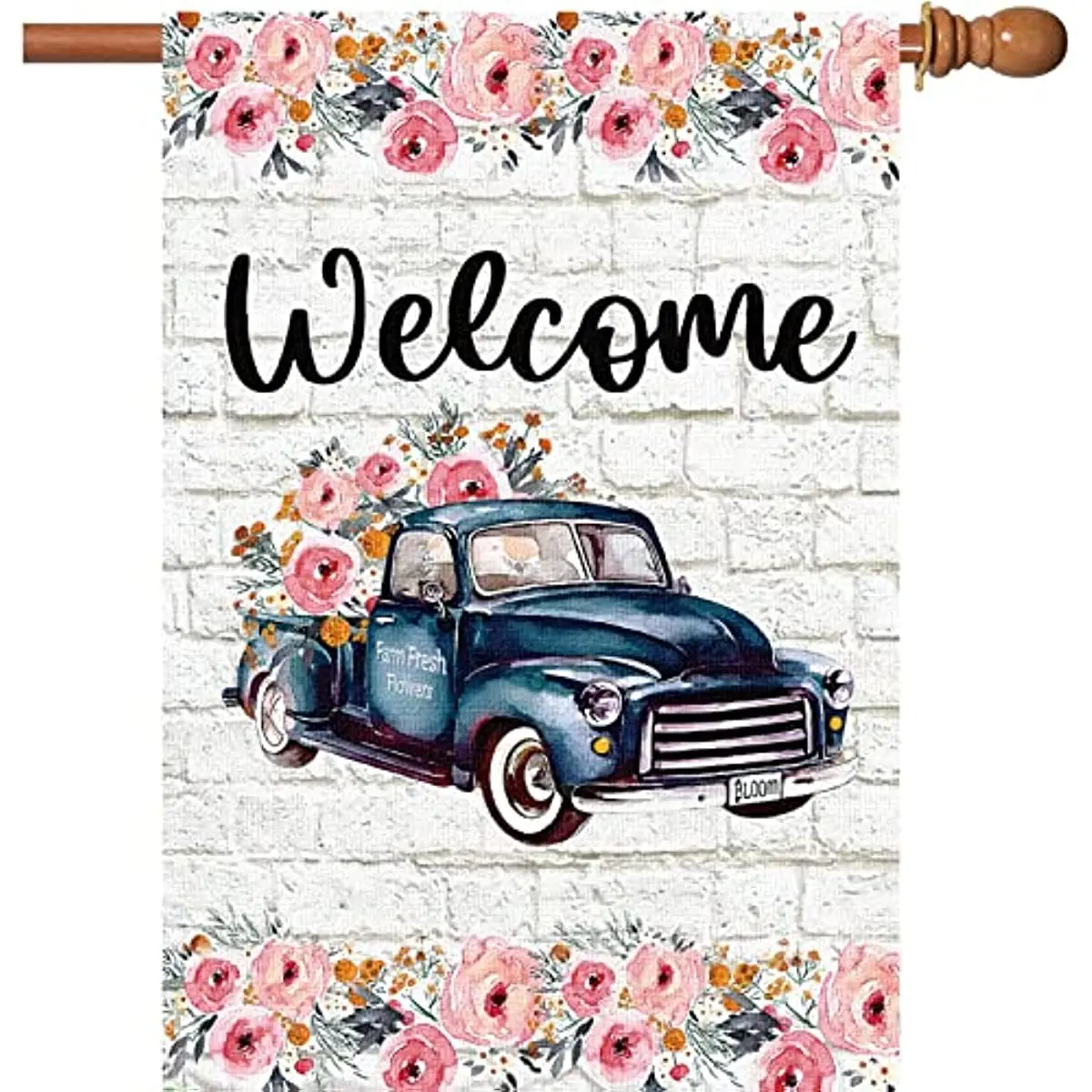 

Spring Welcome House Flag Double Sided Outside Vertical Burlap Floral Blue Truck Large Outdoor Yard Flags Home Seasonal