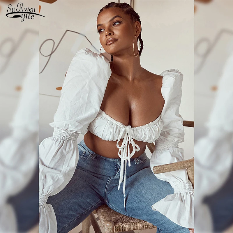 

Женская блузка с длинным рукавом, элегантная белая блузка с пышными рукавами и завязкой спереди, пикантный укороченный топ с открытой спино...