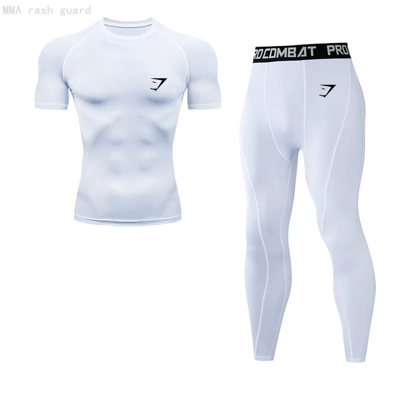 

Мужской летний спортивный костюм, футболка для тренировок и бега, рубашка с коротким рукавом, белые Компрессионные Леггинсы, быстросохнущи...