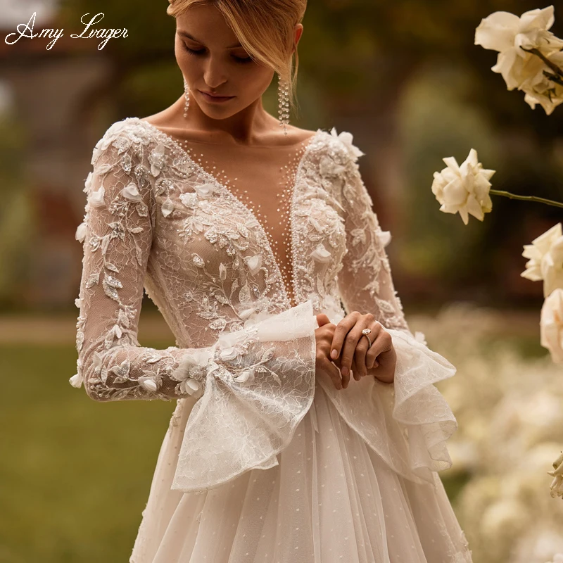

AmyLvager Delicate Beading Scoop Neck A-Line Wedding Dress Customize Exquisite Appliques Flare Sleeve Lace Princess Bridal Gown