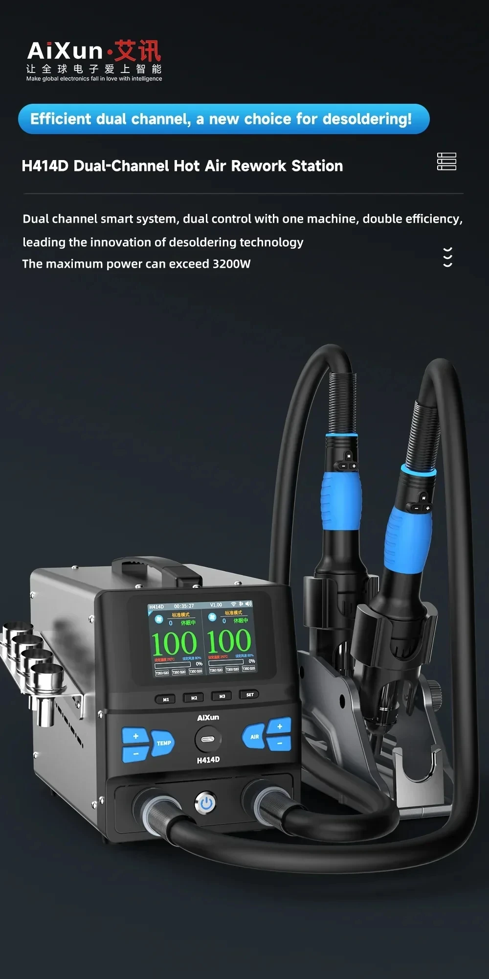 Фото Паяльная станция JC Aixun H414D BGA 1400 Вт с двумя термовоздушными пистолетами и насадками для ремонта материнских плат и SMD BGA №2